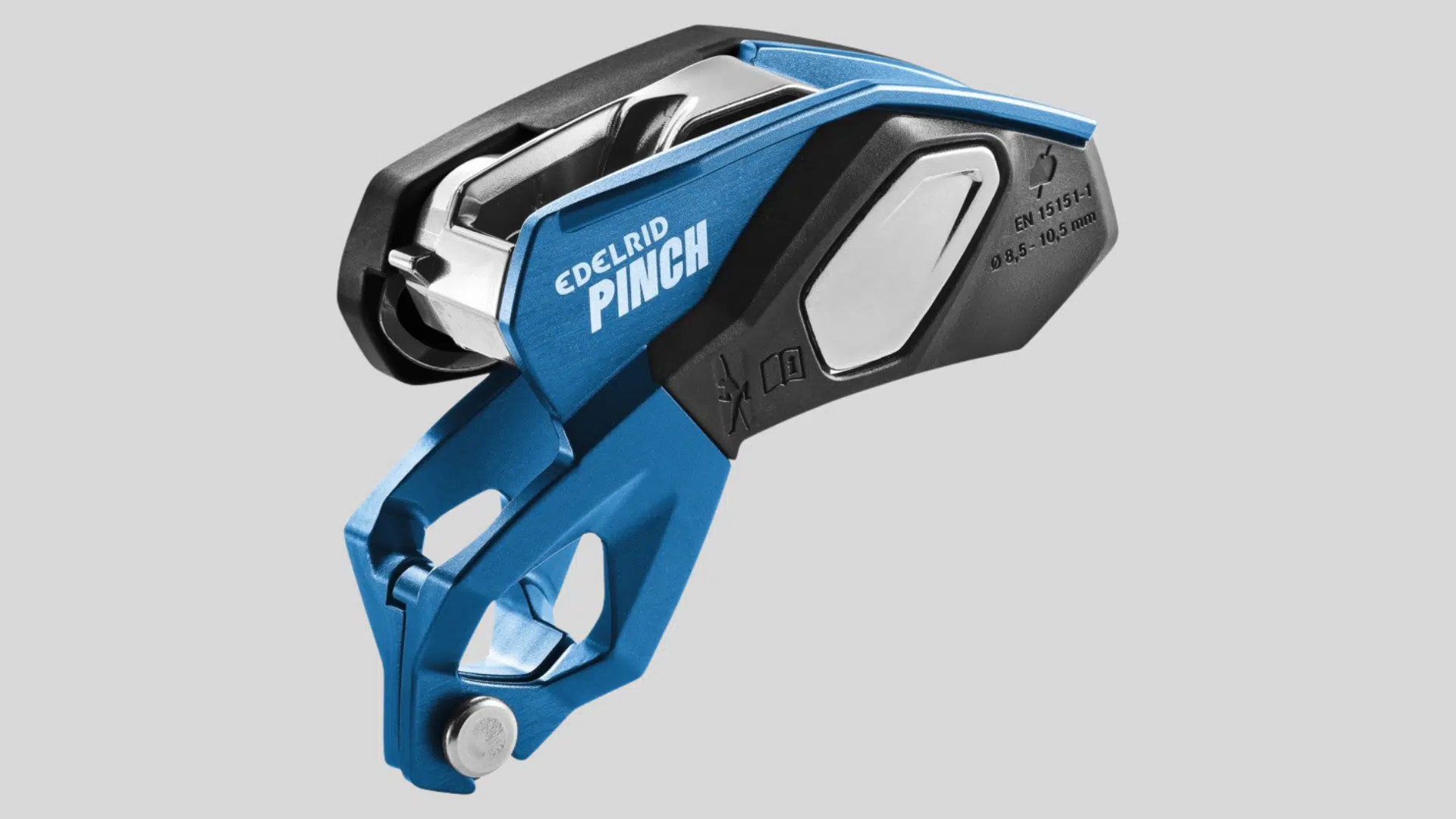 blue rope clamp belay device with metal cam and grip handle for climbing use on a clean background