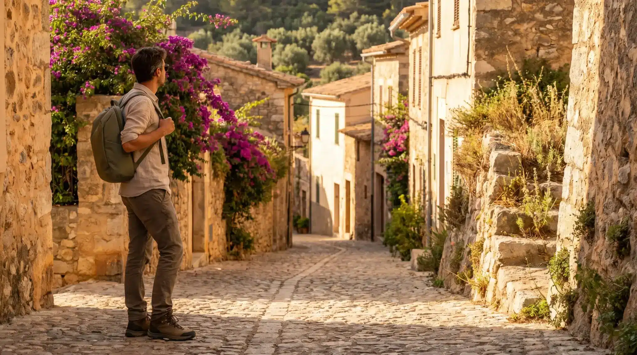 Man with backpack walking down stone street lined with flowering plants in a sunlit village