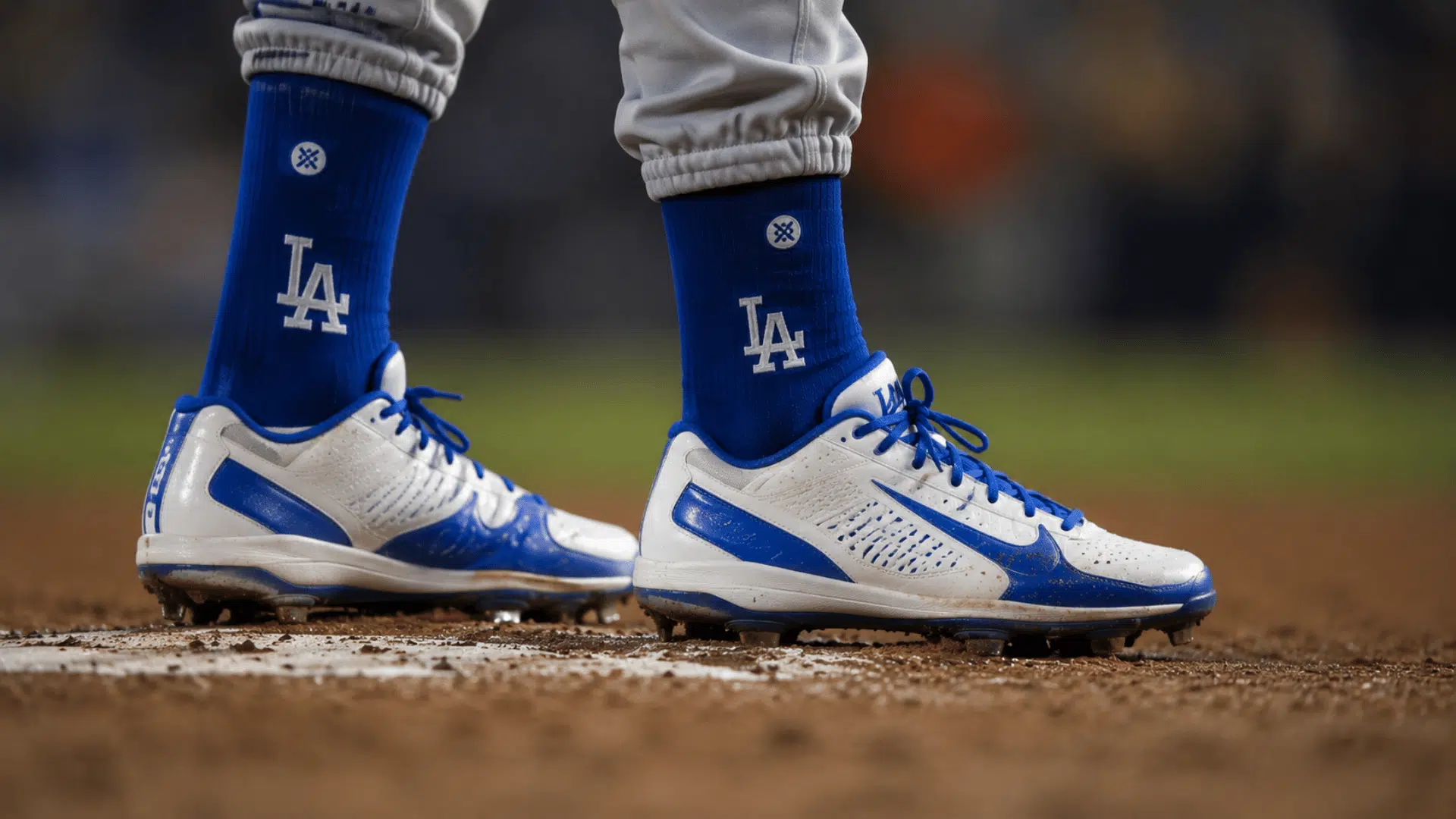 close up of blue and white baseball cleats on dirt field with blurred stadium background and tall socks
