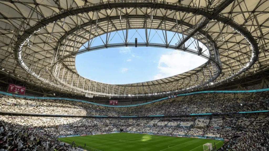 crowded football stadium beneath a curved roof with sunlight shining over the green field and fans