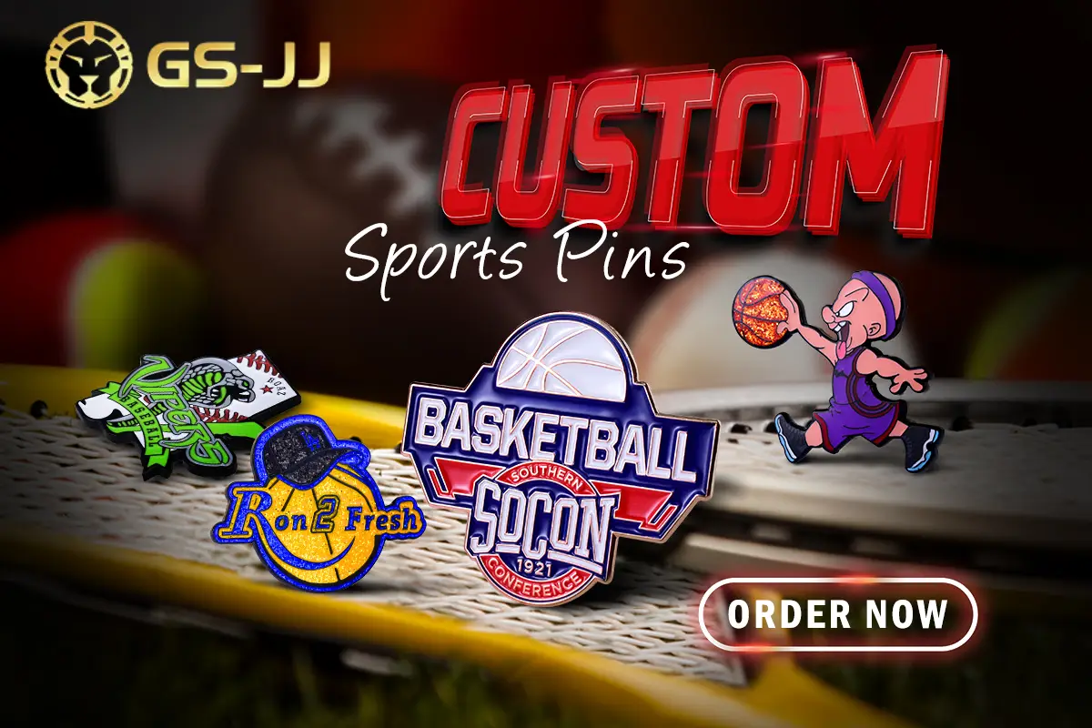 Three colorful sports pins on a tennis racket with blurred background