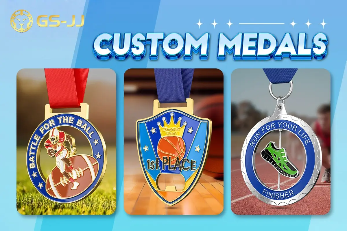 Three custom sports medals displayed on colorful backgrounds with themed designs and ribbons