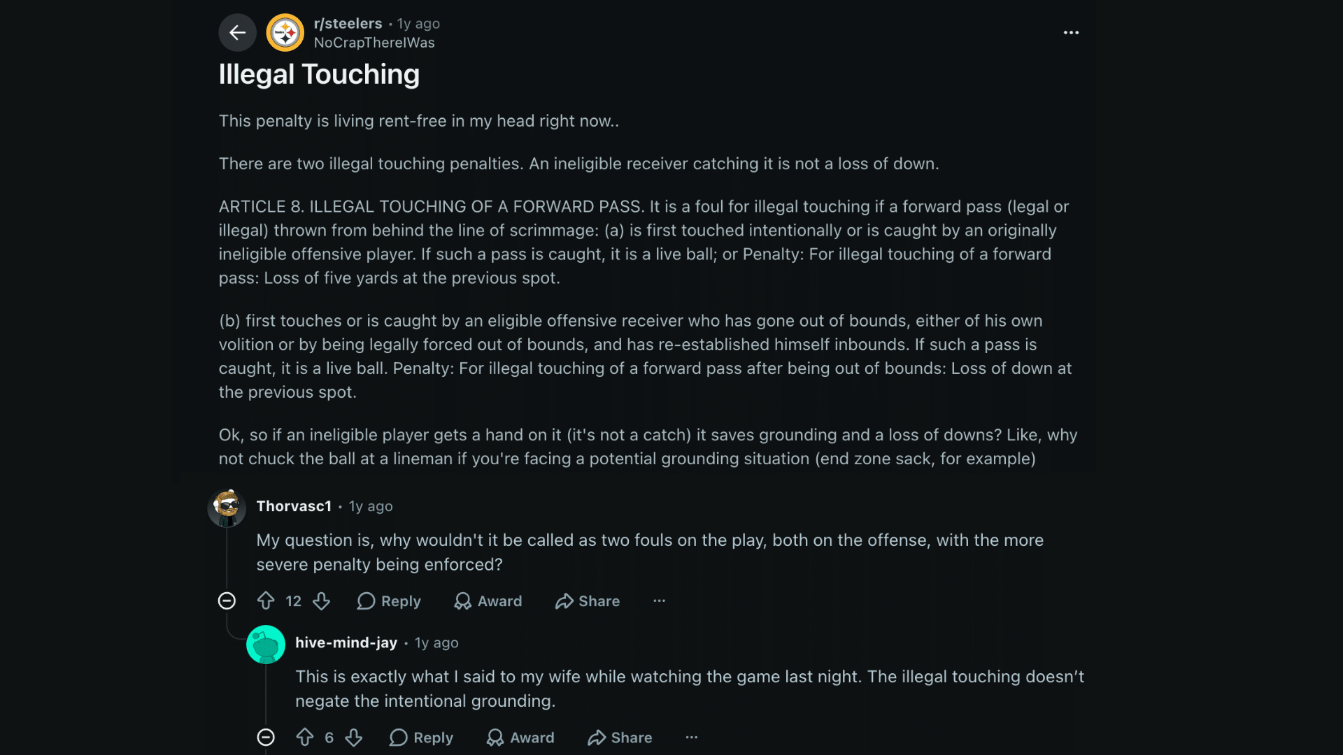 discussion on reddit about illegal touching in football reddit showing users debating an intentional grounding call in an nfl game