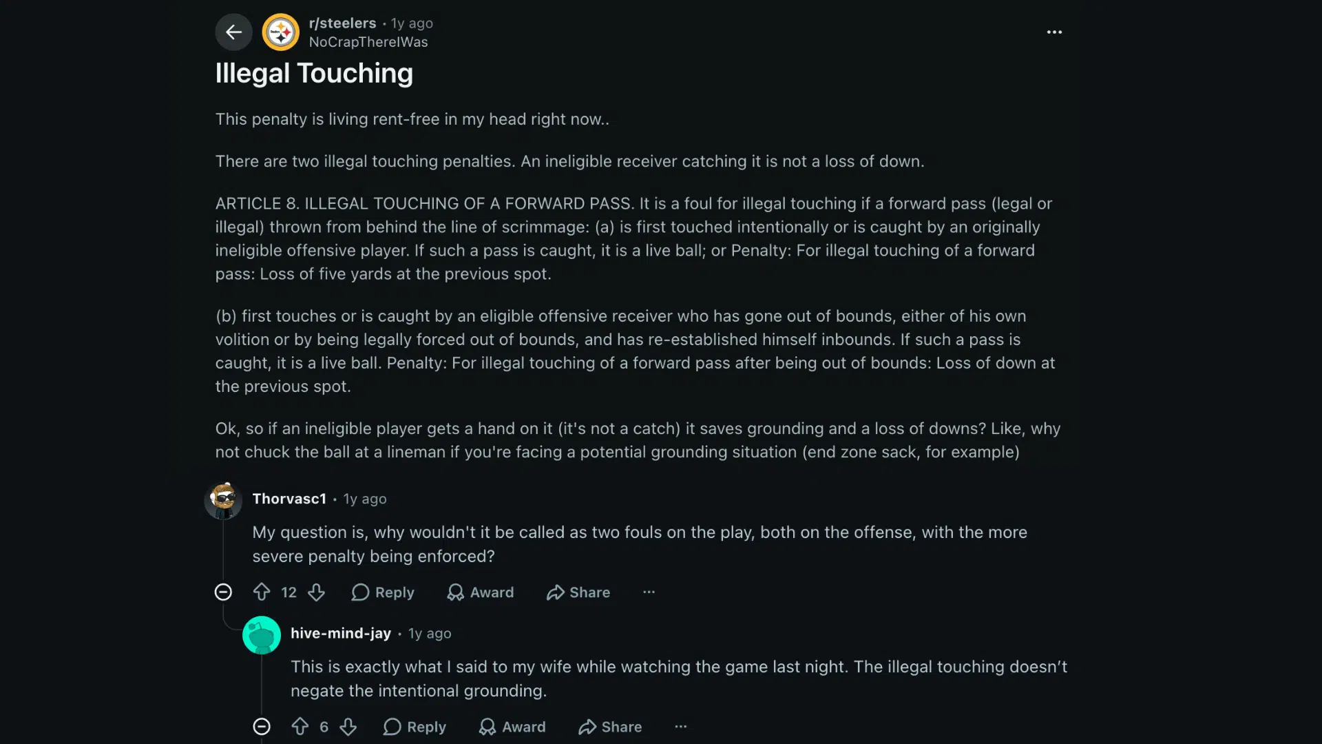 discussion on reddit about illegal touching in football reddit showing users debating an intentional grounding call in an nfl game