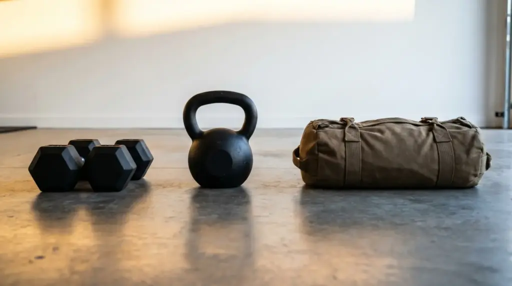 Hex dumbbells, kettlebell, and gym bag on concrete floor in bright minimalist gym setting