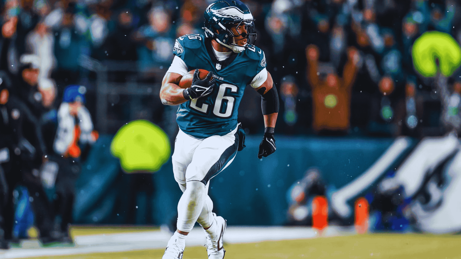 eagles running back saquon barkley in number 26 carries football while cutting across field
