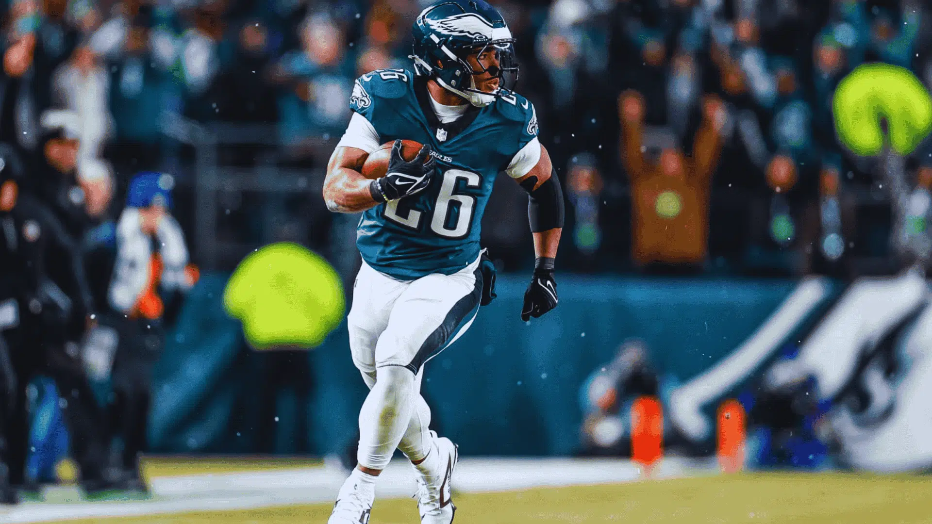 eagles running back saquon barkley in number 26 carries football while cutting across field