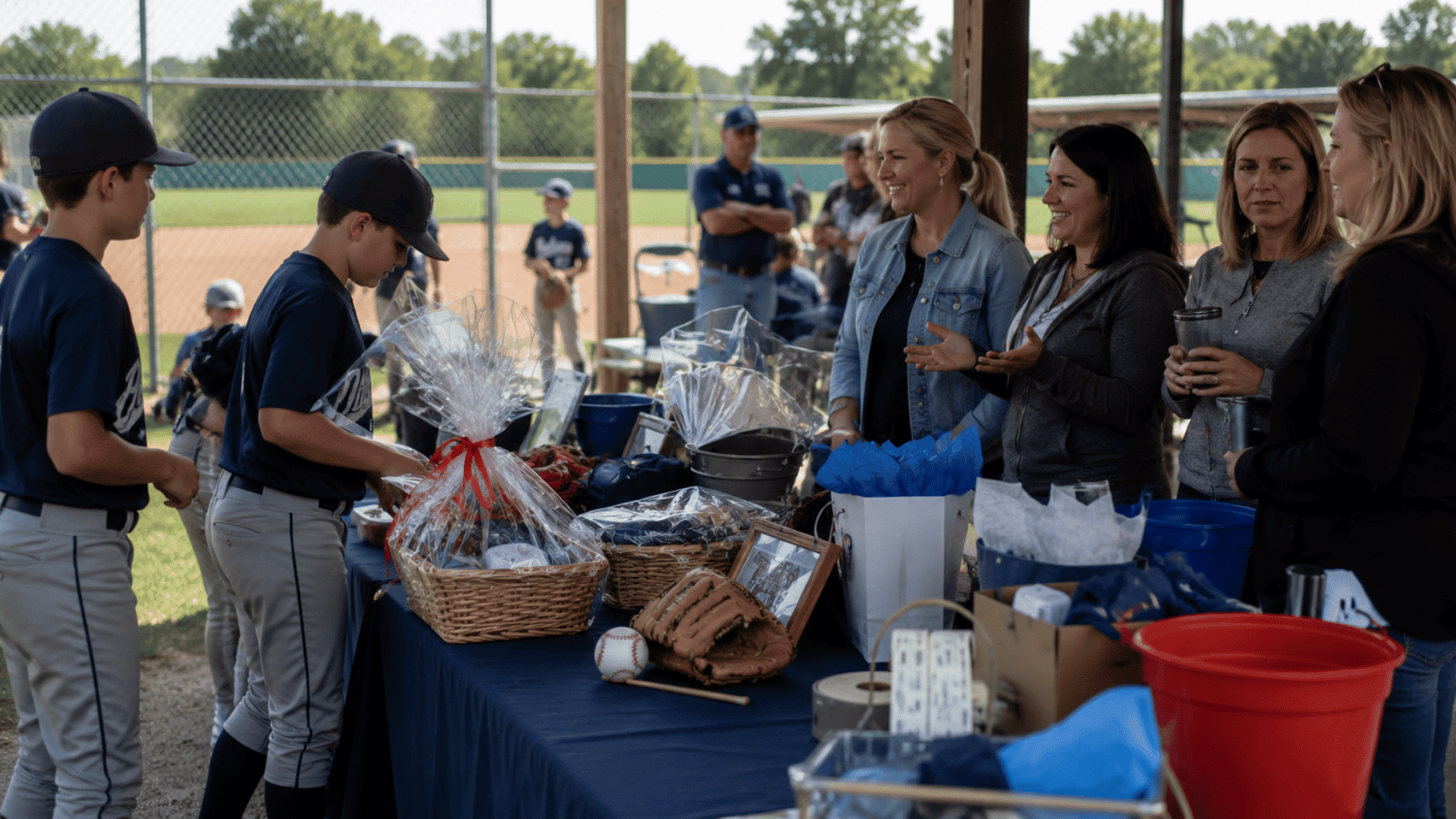 families and baseball players gathering at outdoor fundraising event with raffle tables and community activities