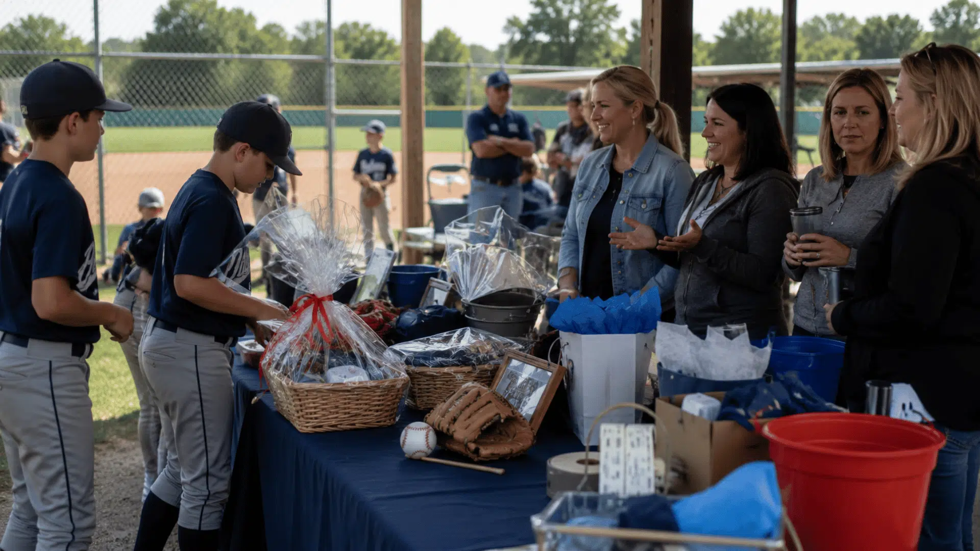 families and baseball players gathering at outdoor fundraising event with raffle tables and community activities