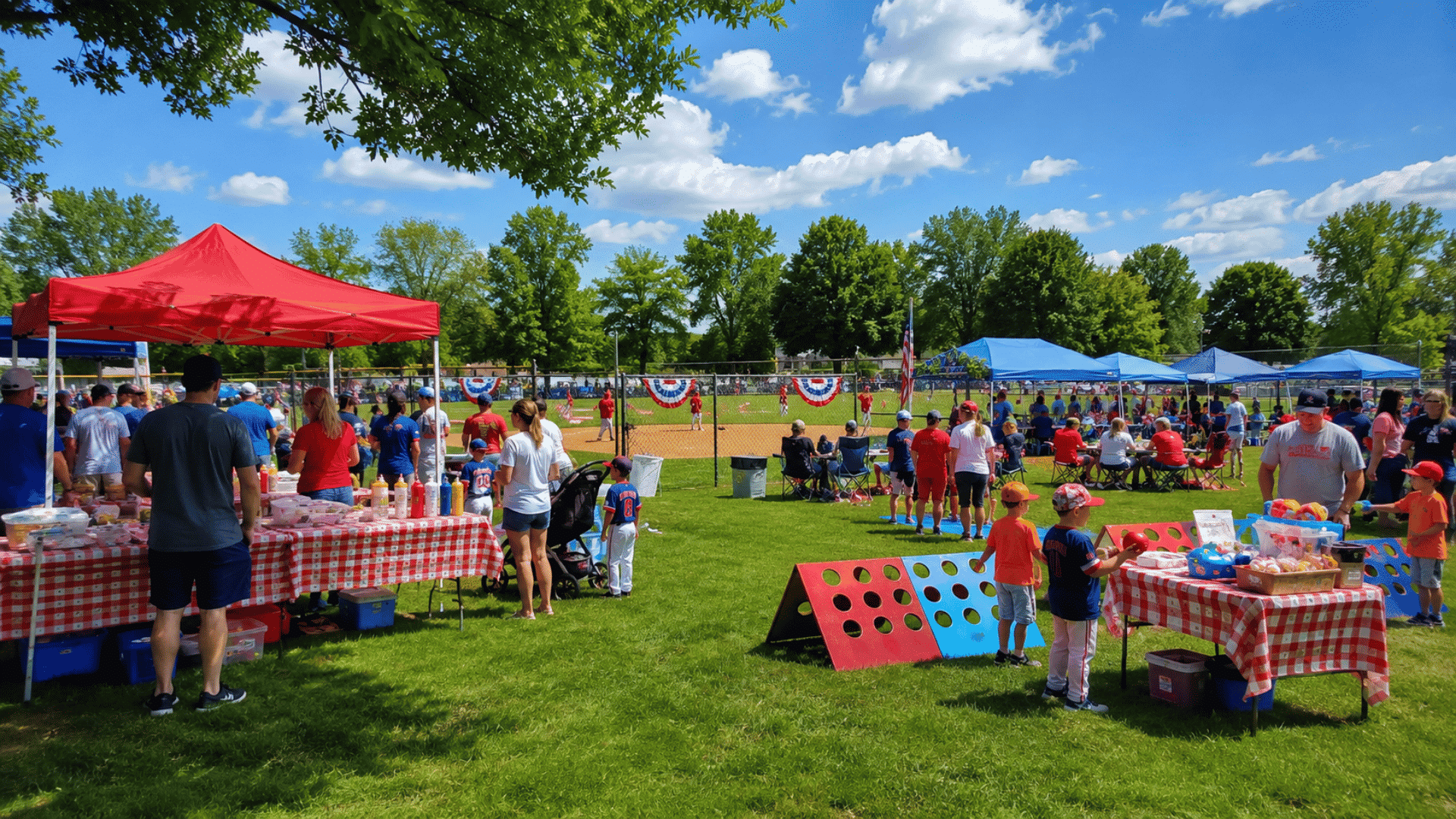 families enjoying baseball themed community fundraiser with games food stalls and outdoor activities together