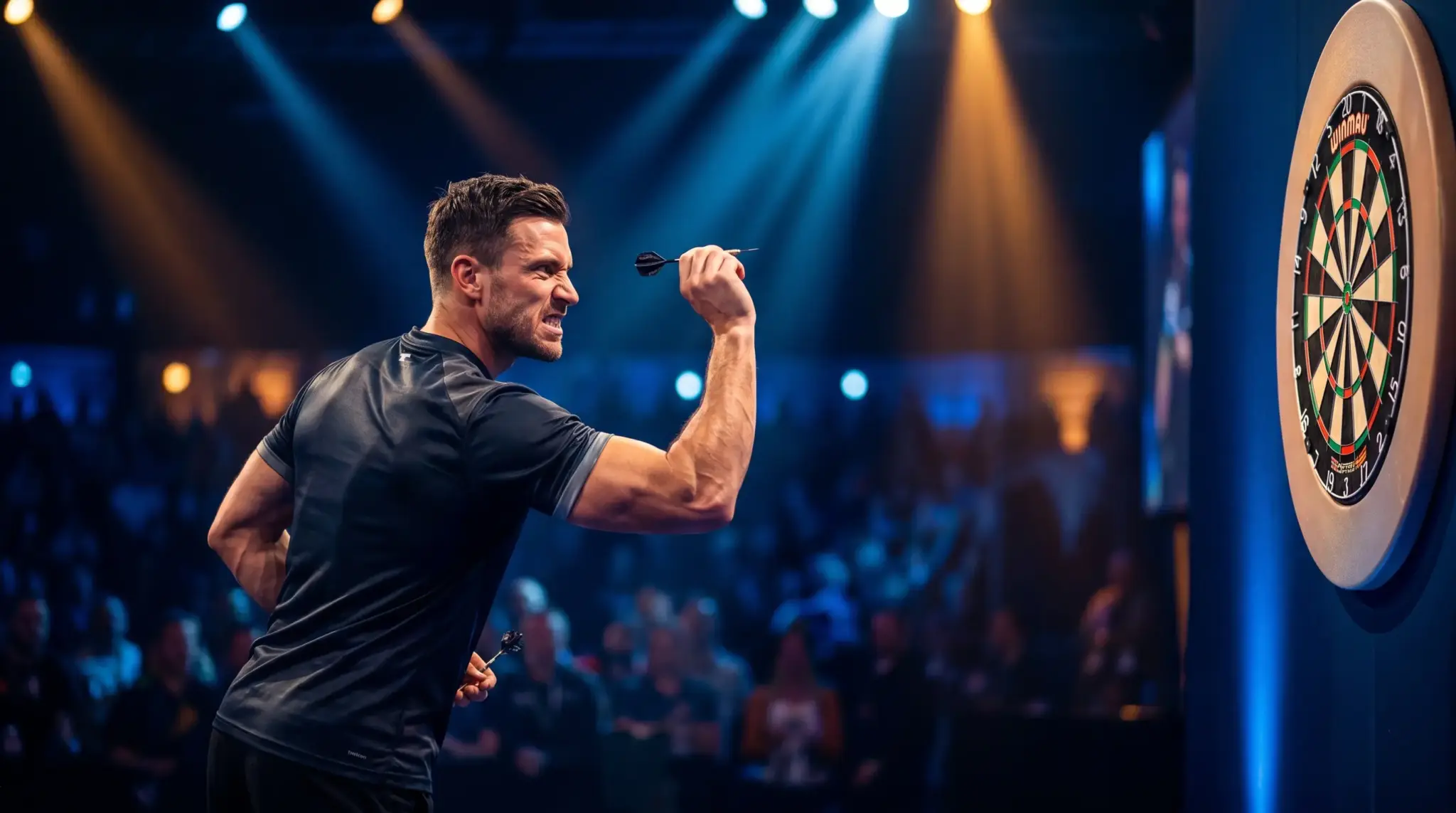 Man throwing dart at dartboard in a brightly lit indoor arena