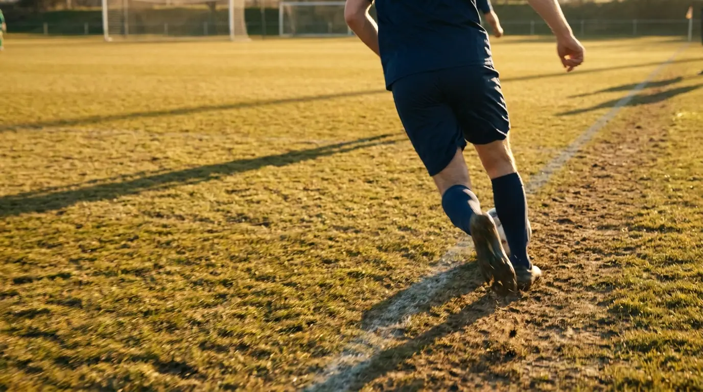 Soccer player in blue uniform running on grass field during a game