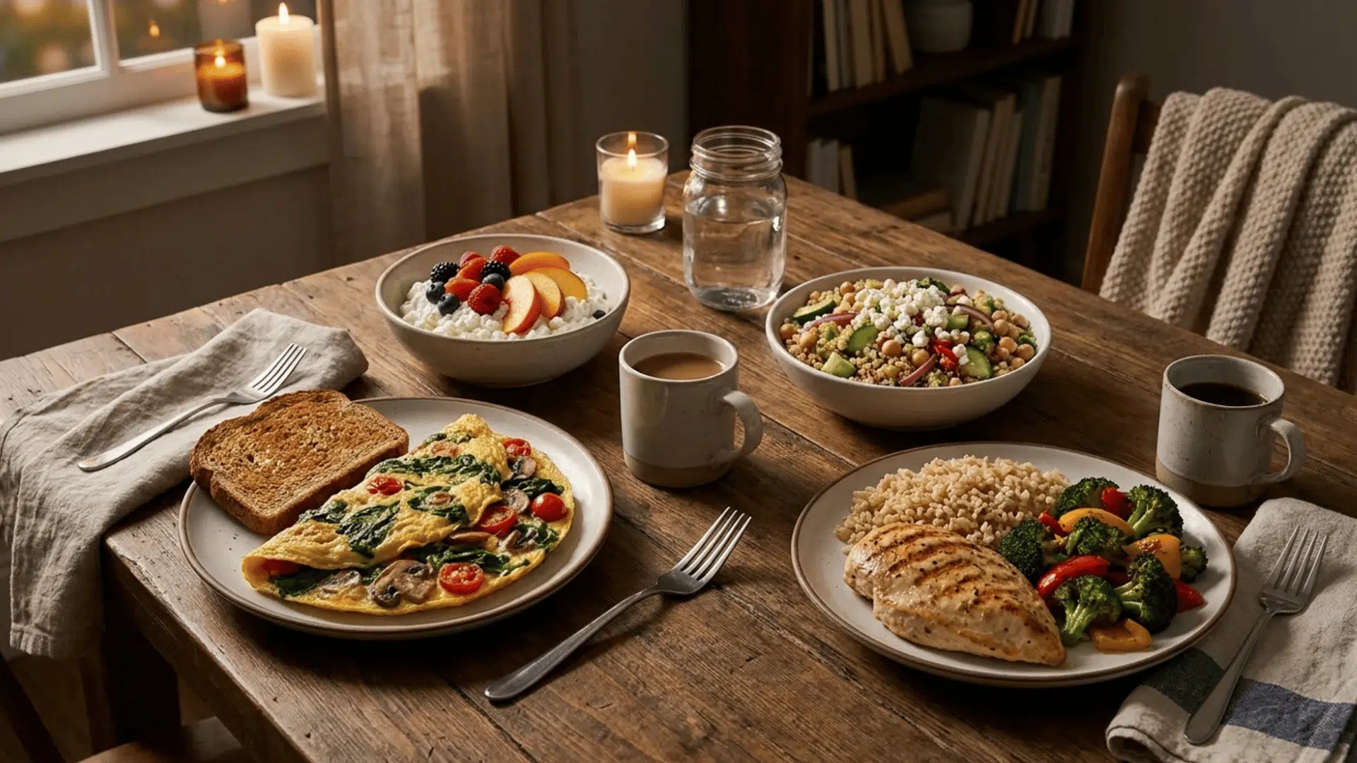 healthy recovery meals with omelet quinoa salad grilled chicken rice and fresh fruit on cozy dinner table