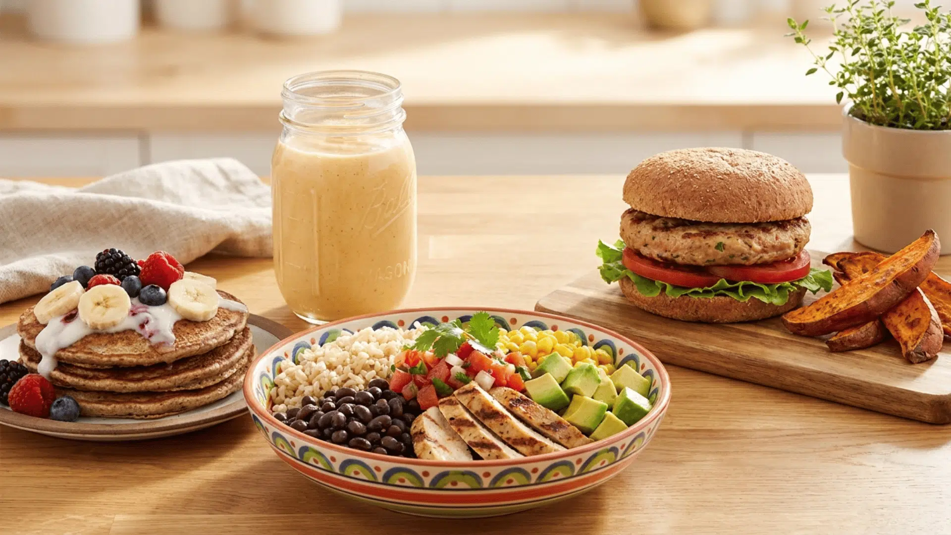 healthy runner meals with pancakes smoothie burrito bowl and turkey burger on wooden table