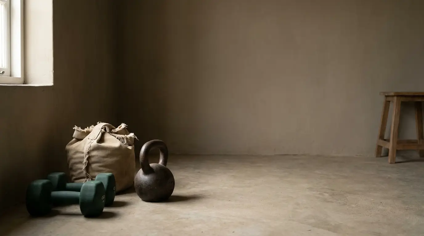 Kettlebell and dumbbells on concrete floor in minimalist gym space with wooden stool