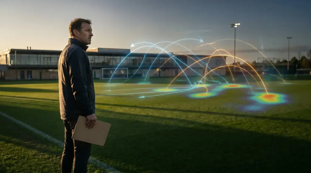 Coach holding a clipboard on soccer field with digital data overlays at sunset