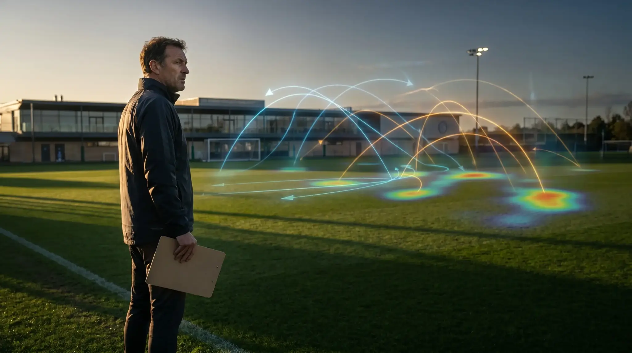 Coach holding a clipboard on soccer field with digital data overlays at sunset