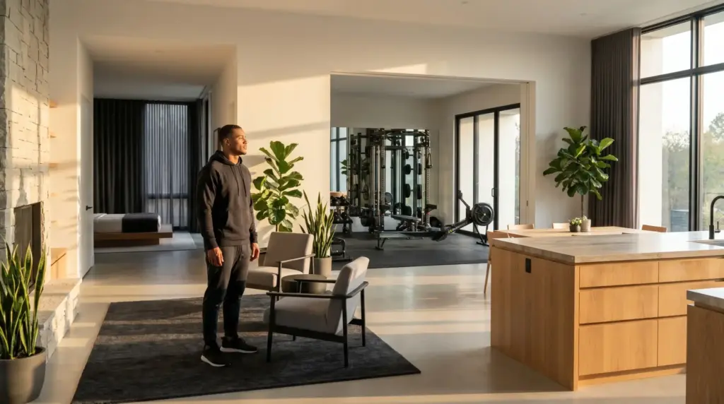 Man standing in modern living space with indoor plants and gym equipment in soft sunlight