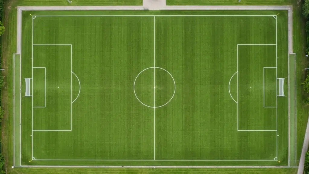 how many quarters in soccer shown on a marked green soccer field with goals and center circle