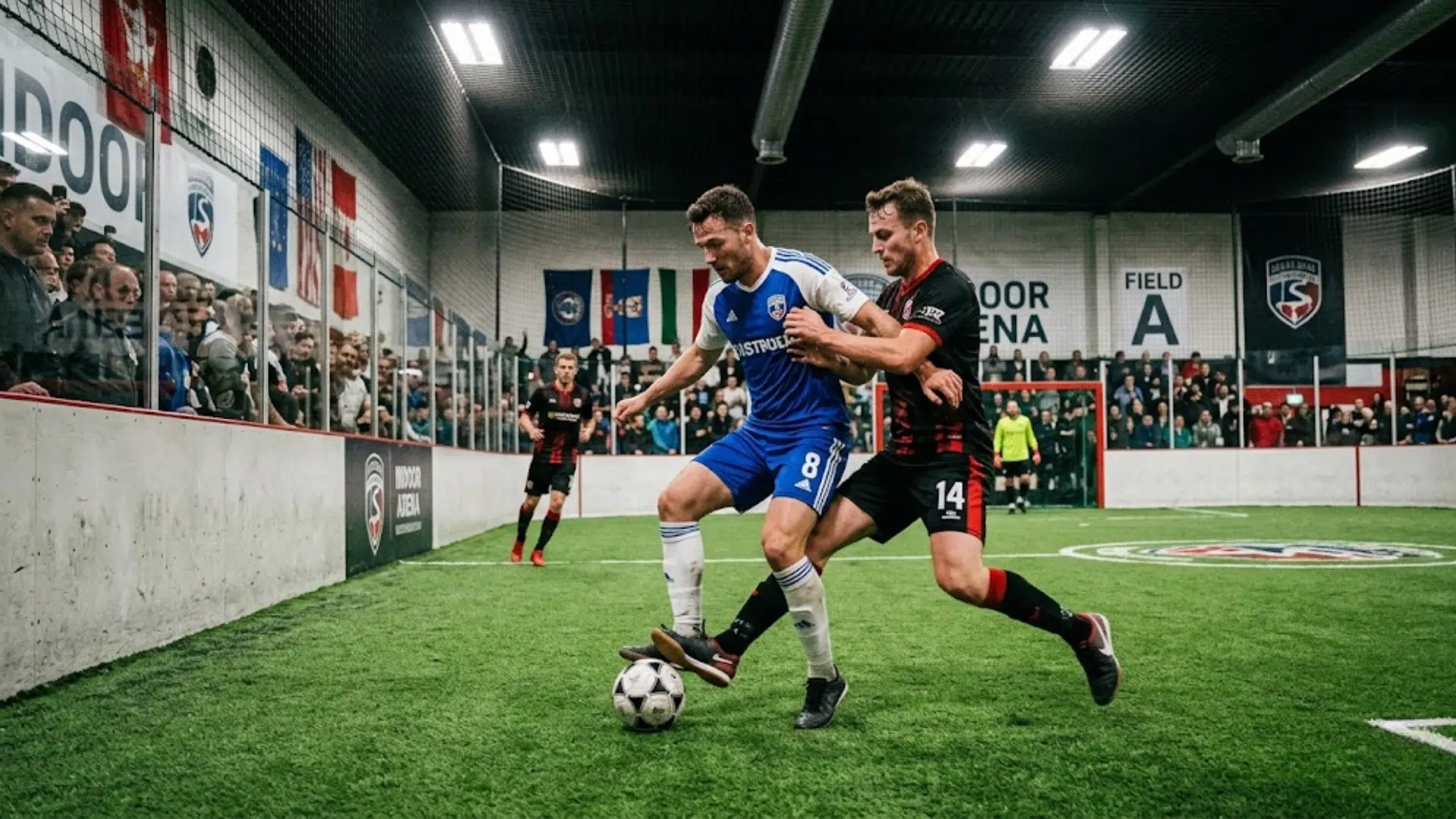 indoor soccer players battling for the ball during a fast paced match in a packed arena