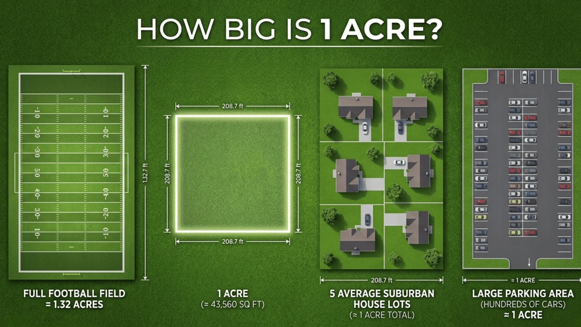 infographic comparing one acre to a football field suburban house lots and a large parking area with labeled dimensions.
