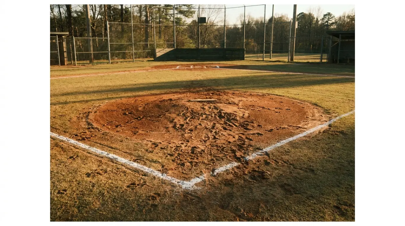 Baseball pitcher's mound on outdoor field with surrounding fencing and trees in background