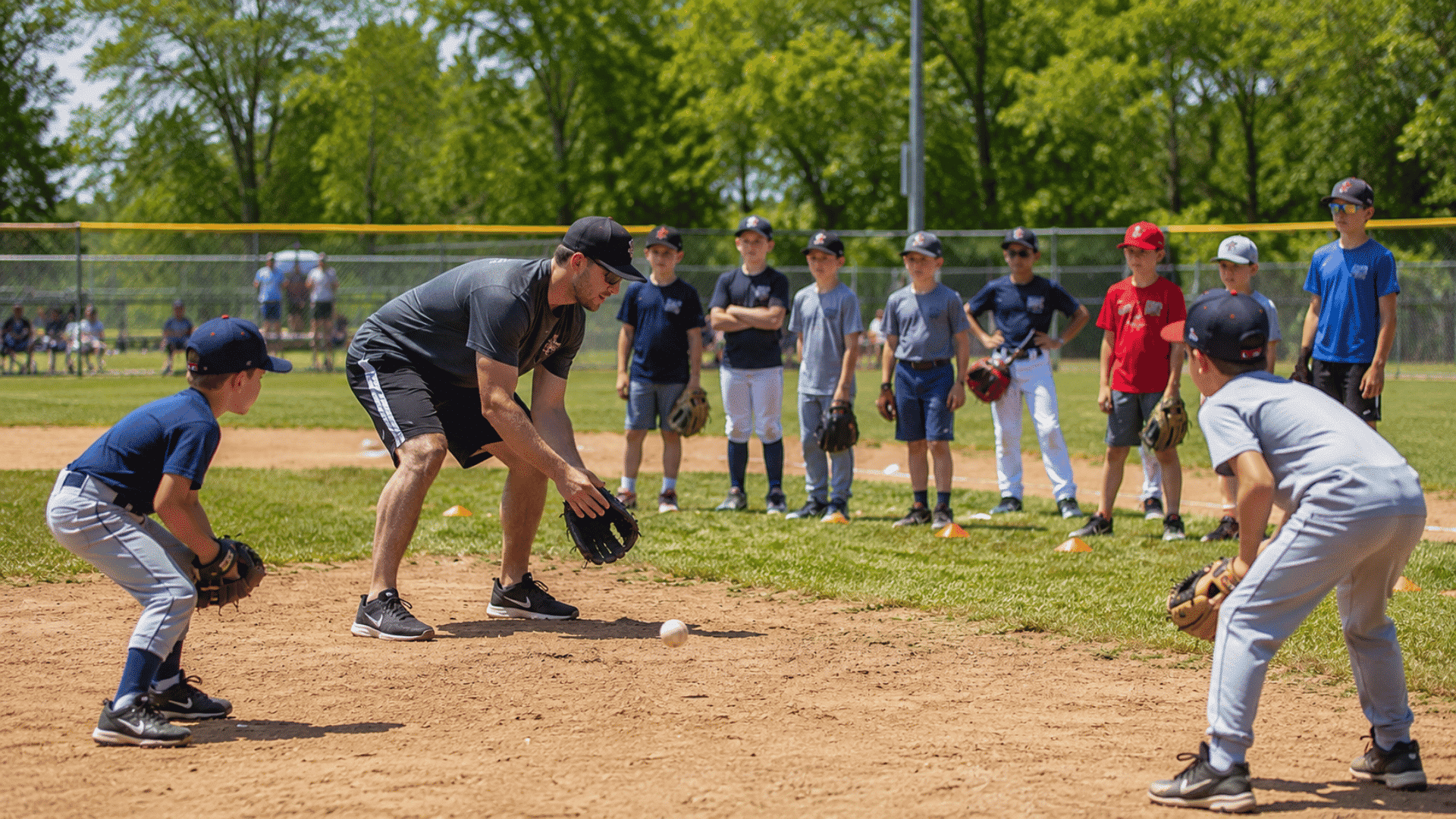 kids learning baseball skills from coach during outdoor training camp on sunny baseball field together