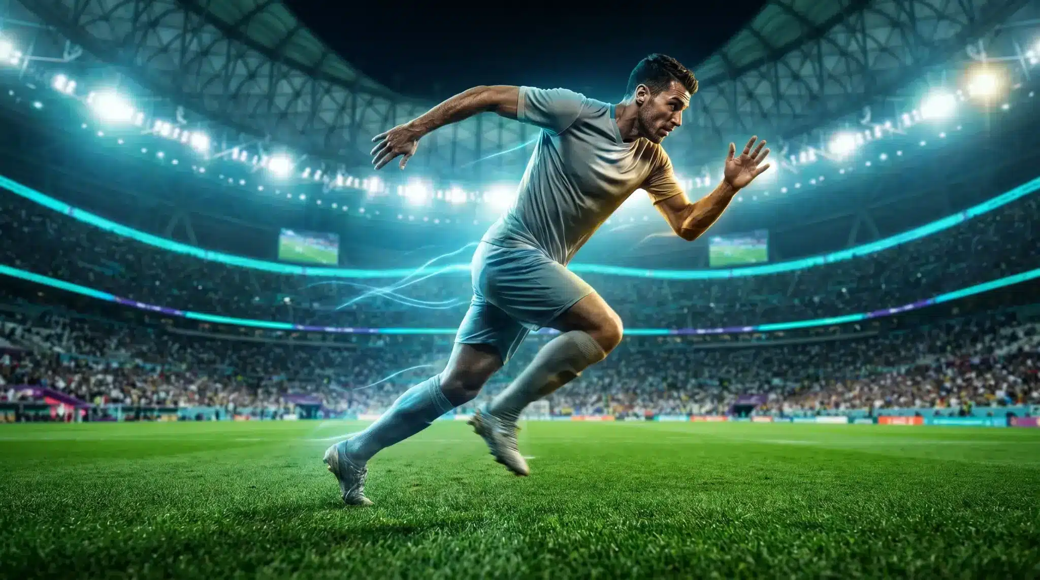 Soccer player in mid-sprint on vibrant green field under bright stadium lights