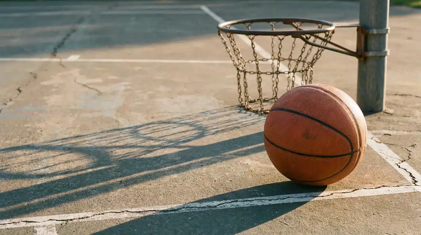 Basketball resting on outdoor court beside metal hoop casting shadow