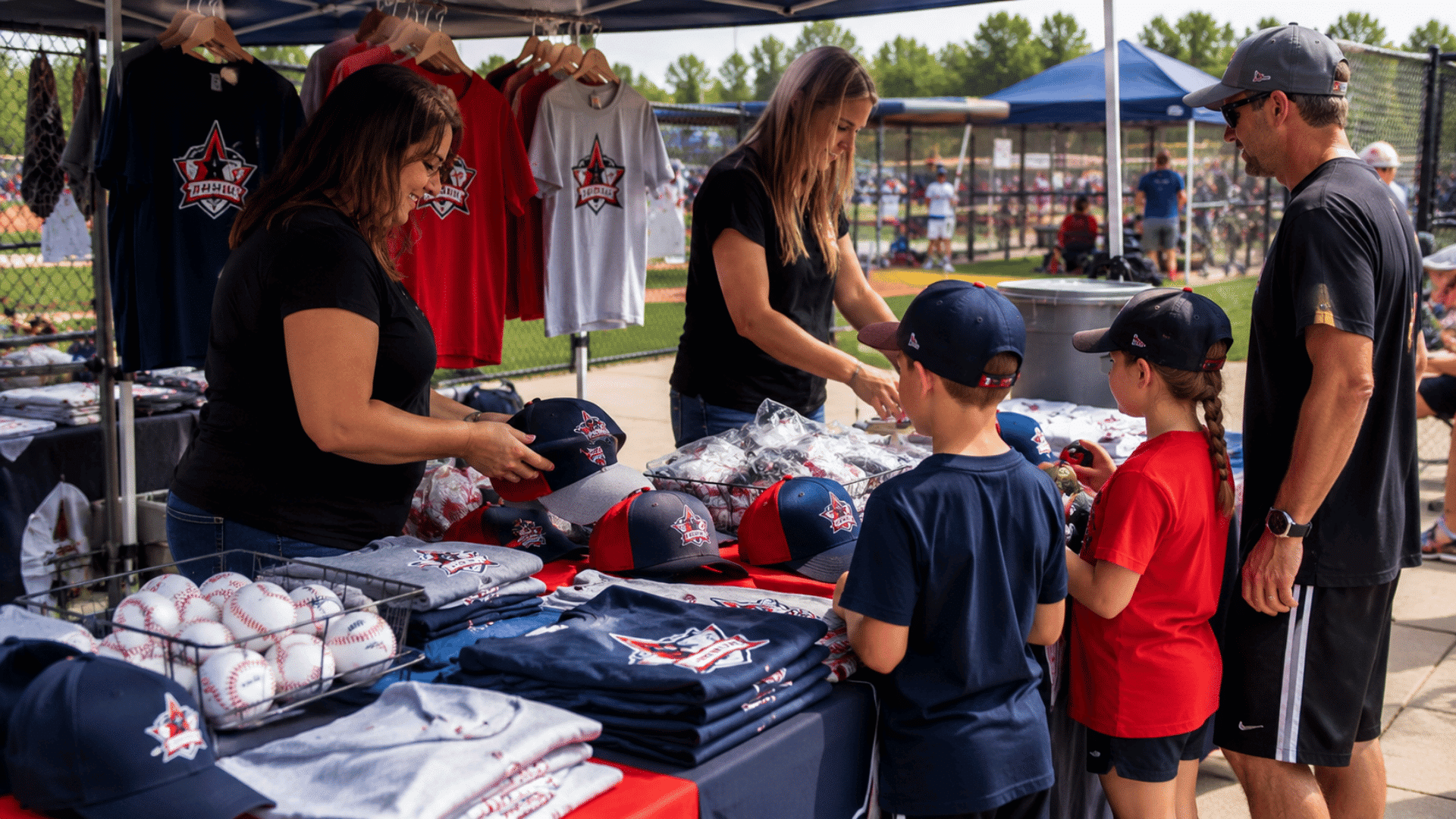 people buying custom baseball team merchandise at outdoor sports event with shirts caps and accessories