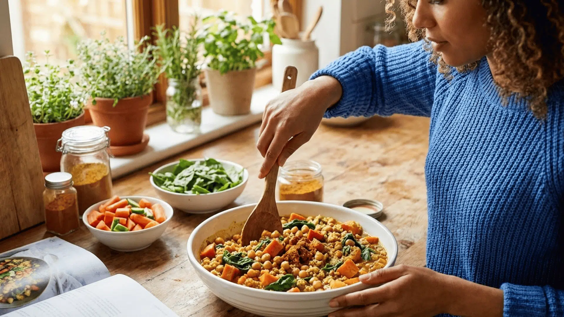 person preparing healthy vegetable grain bowl in cozy kitchen with fresh ingredients and natural sunlight