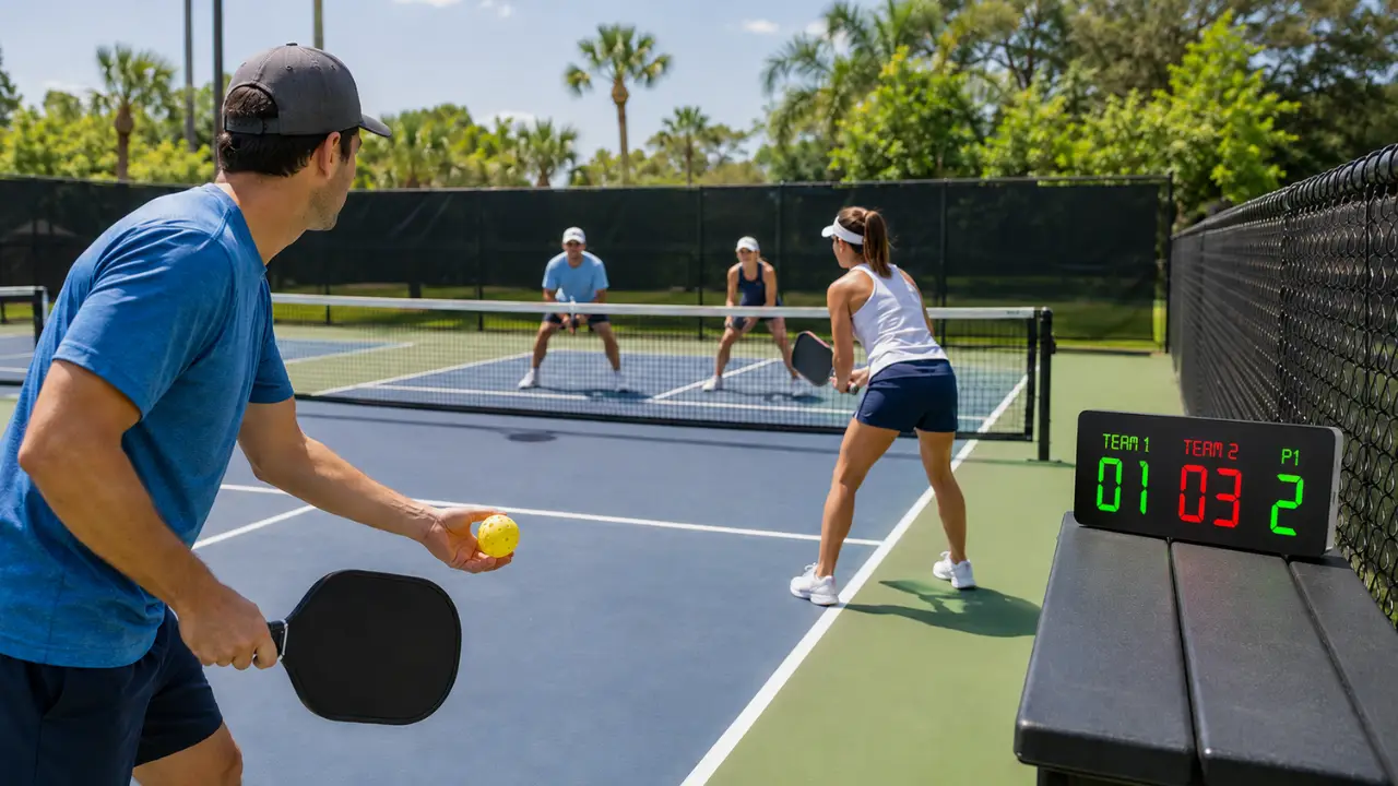 Four people playing pickleball on an outdoor court with digital scoreboard visible.