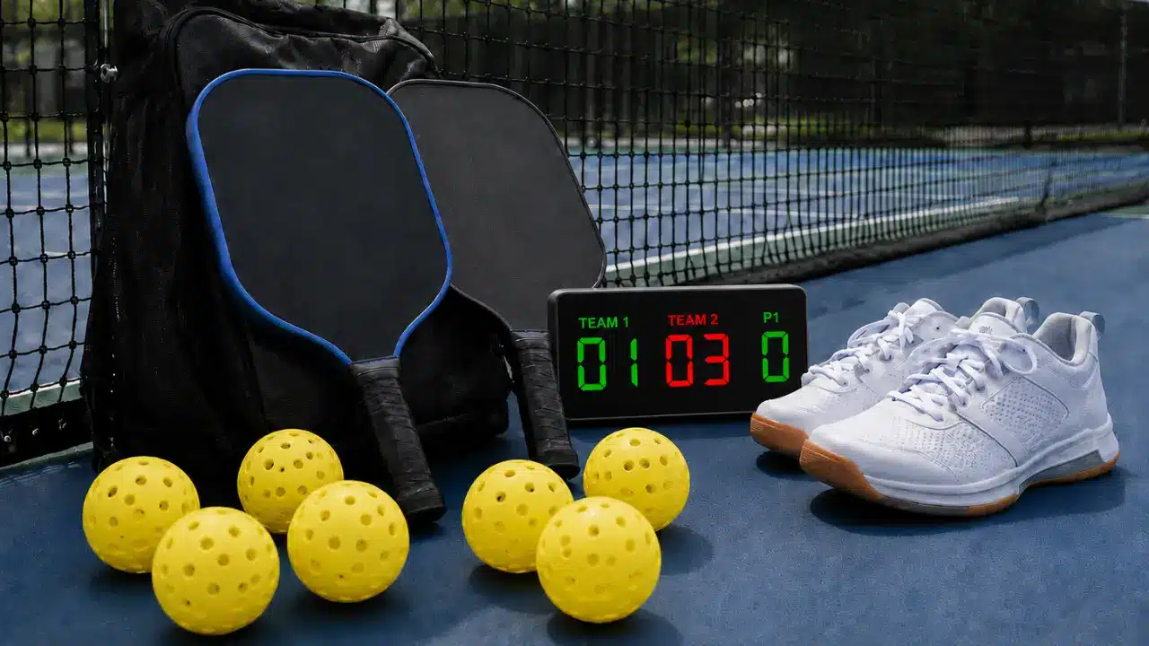 Pickleball paddles and yellow balls beside digital scoreboard on outdoor court with white sneakers