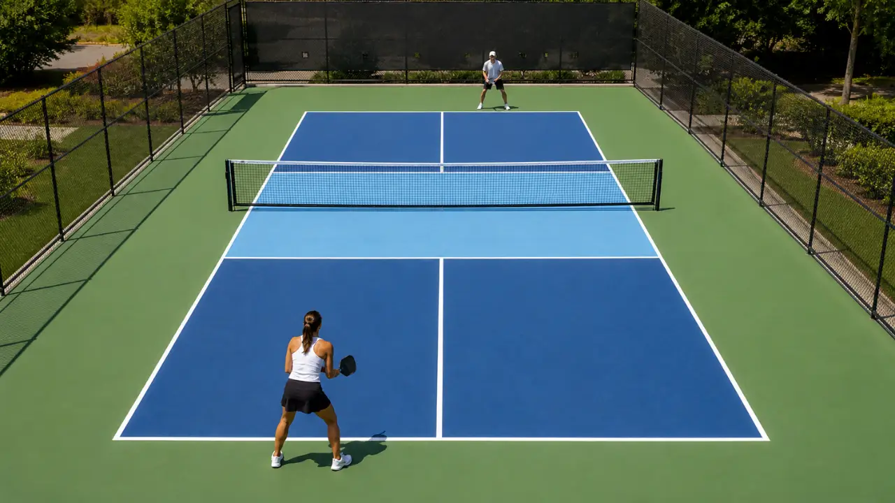 Two people playing pickleball on an outdoor court under clear skies