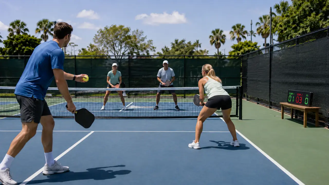 Four people playing pickleball on an outdoor court under clear skies