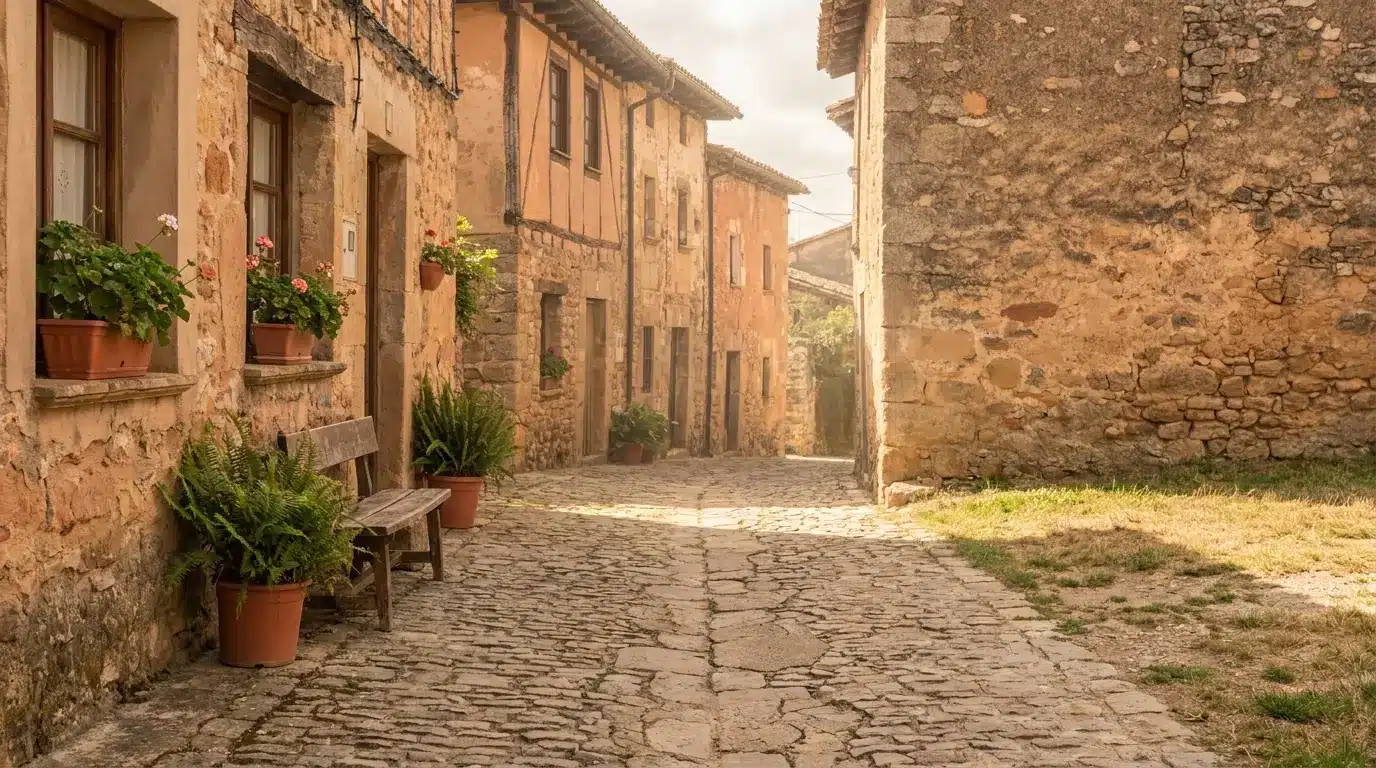 Cobblestone street lined with rustic stone buildings and potted plants under warm sunlight