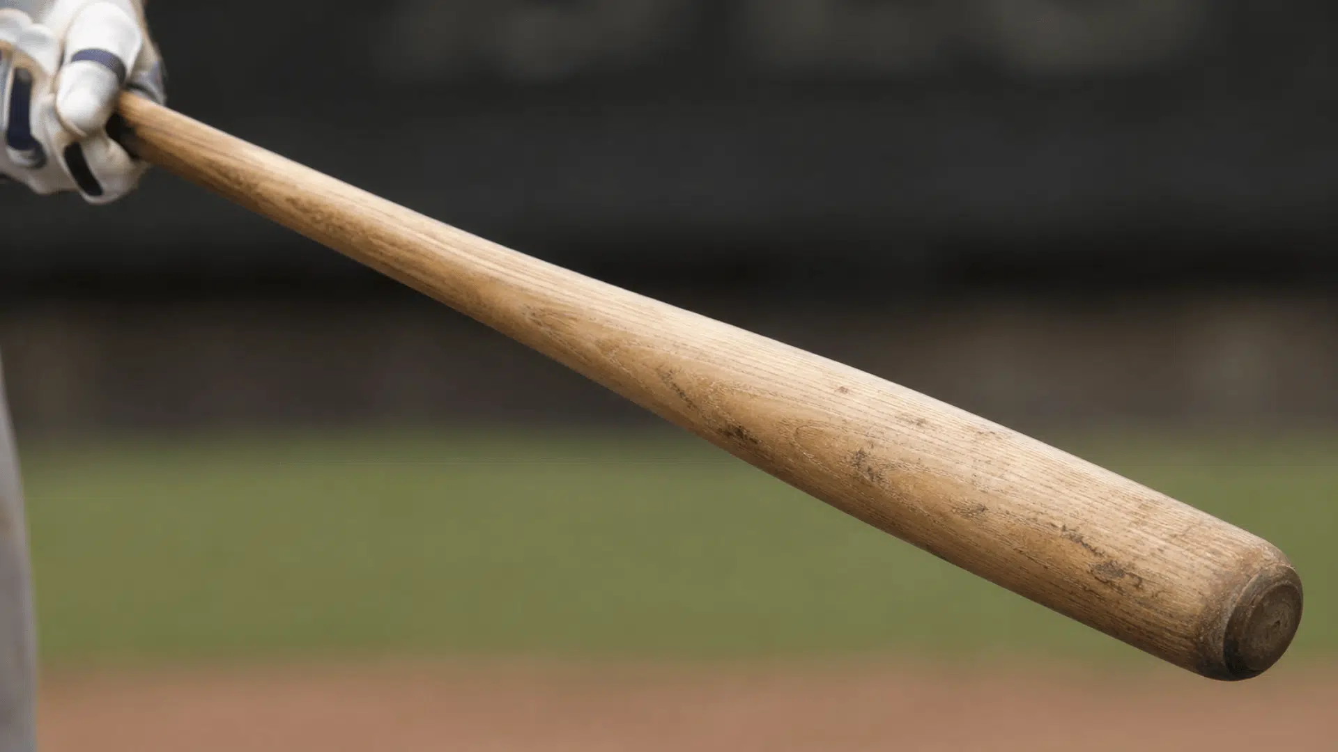 realistic wooden baseball bat in close up with blurred stadium background and focus on bat texture