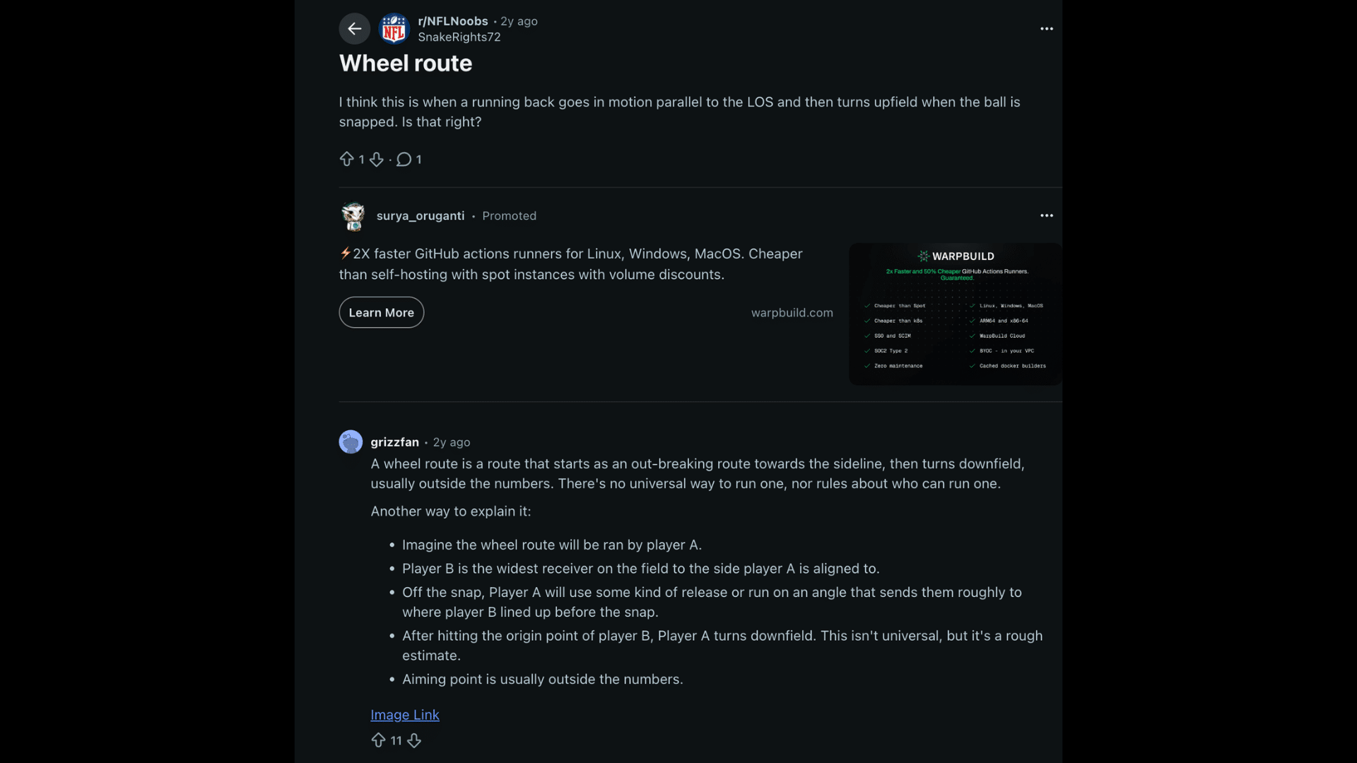reddit users discussing wheel route strategy in football with examples of sideline routes and passing plays
