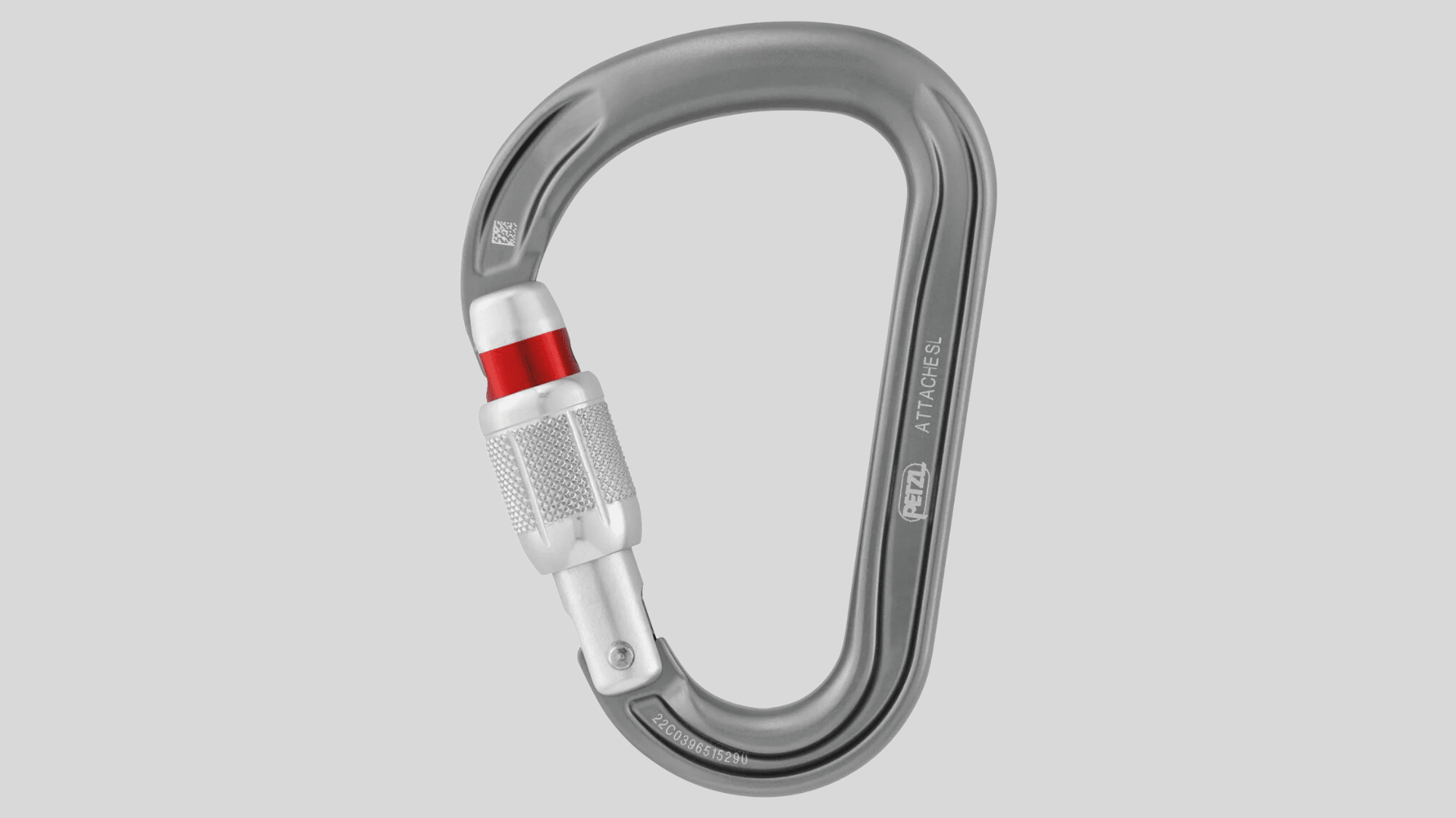 silver locking carabiner with screw gate and red ring designed for climbing and safety gear on a plain background