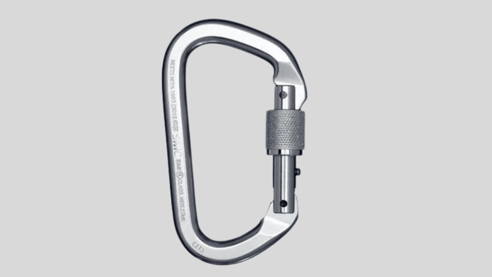 silver locking carabiner with screw gate mechanism used for climbing and safety gear on a plain background