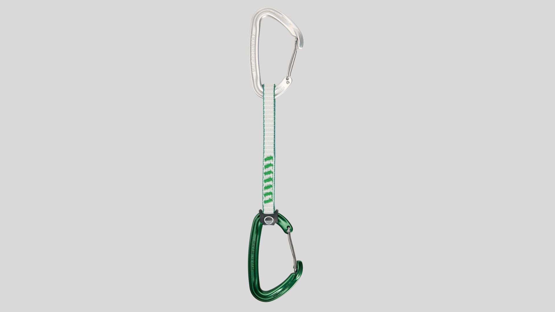 single climbing quickdraw with two wire gate carabiners and sewn sling for sport climbing use on a clean background