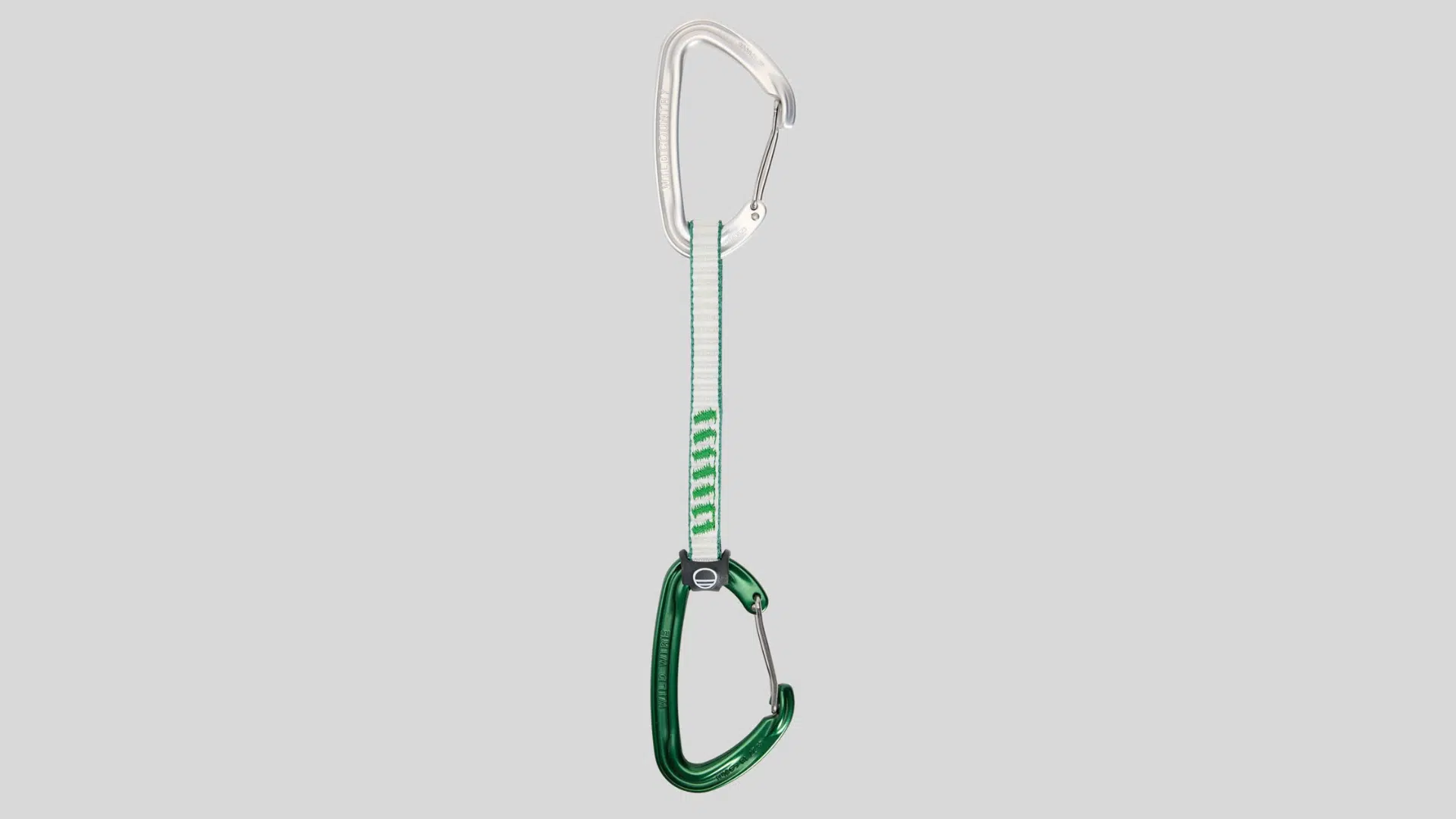 single climbing quickdraw with two wire gate carabiners and sewn sling for sport climbing use on a clean background