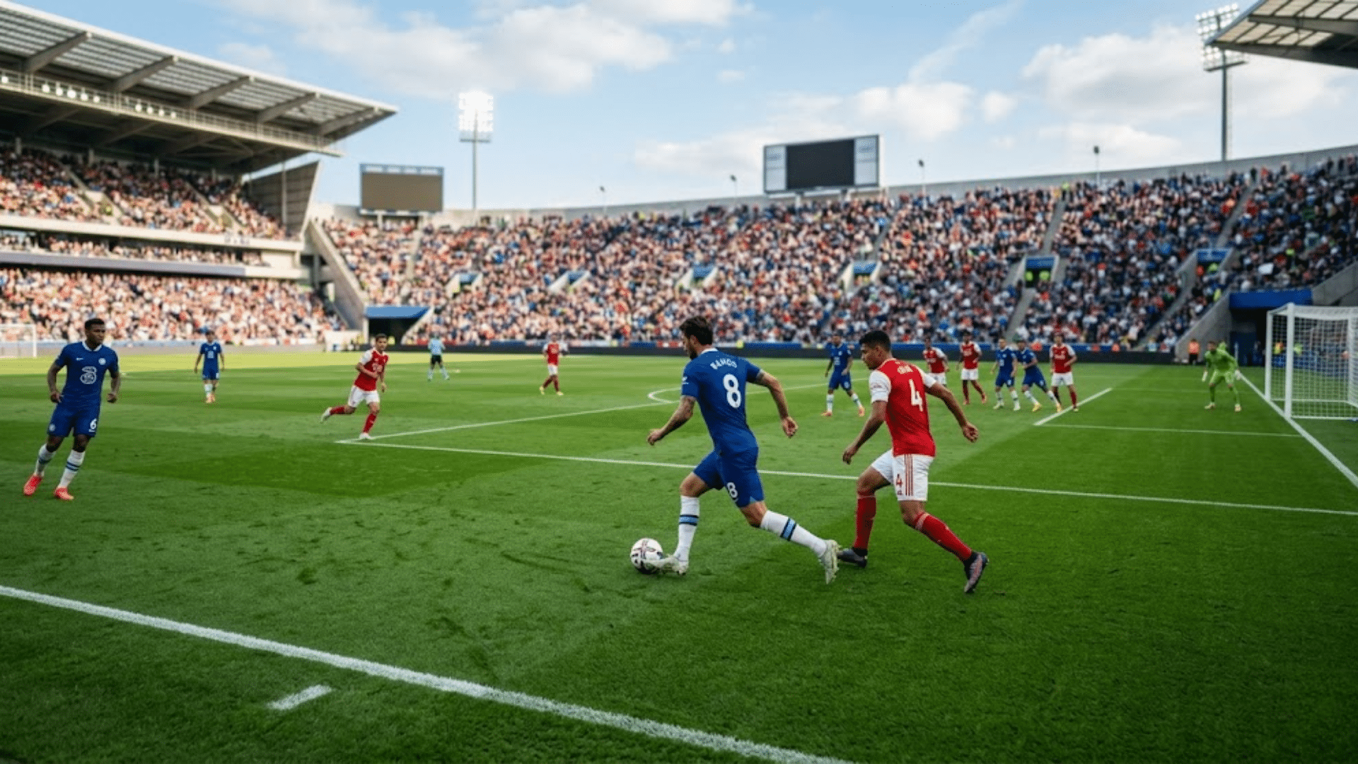 soccer game in stadium players competing on field with crowd in background showing live match action and gameplay