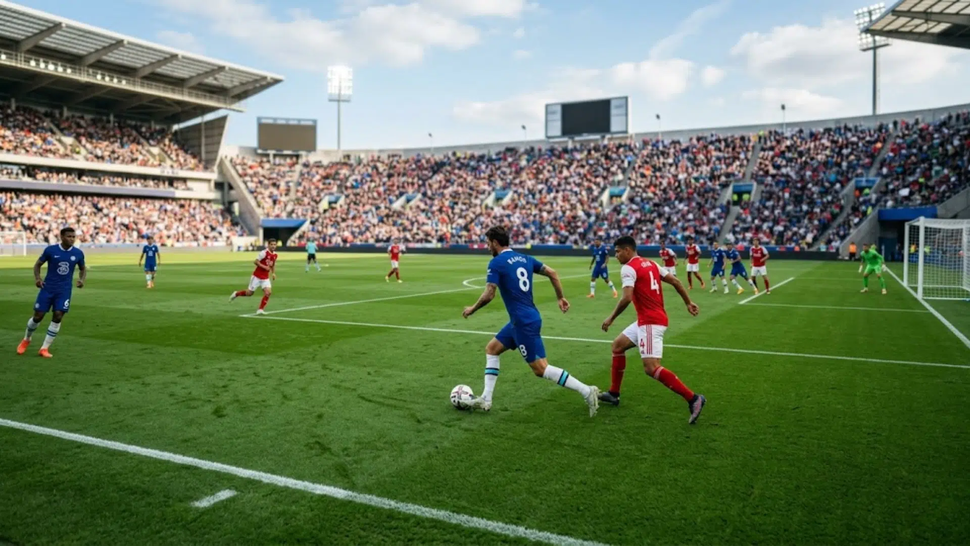 soccer game in stadium players competing on field with crowd in background showing live match action and gameplay