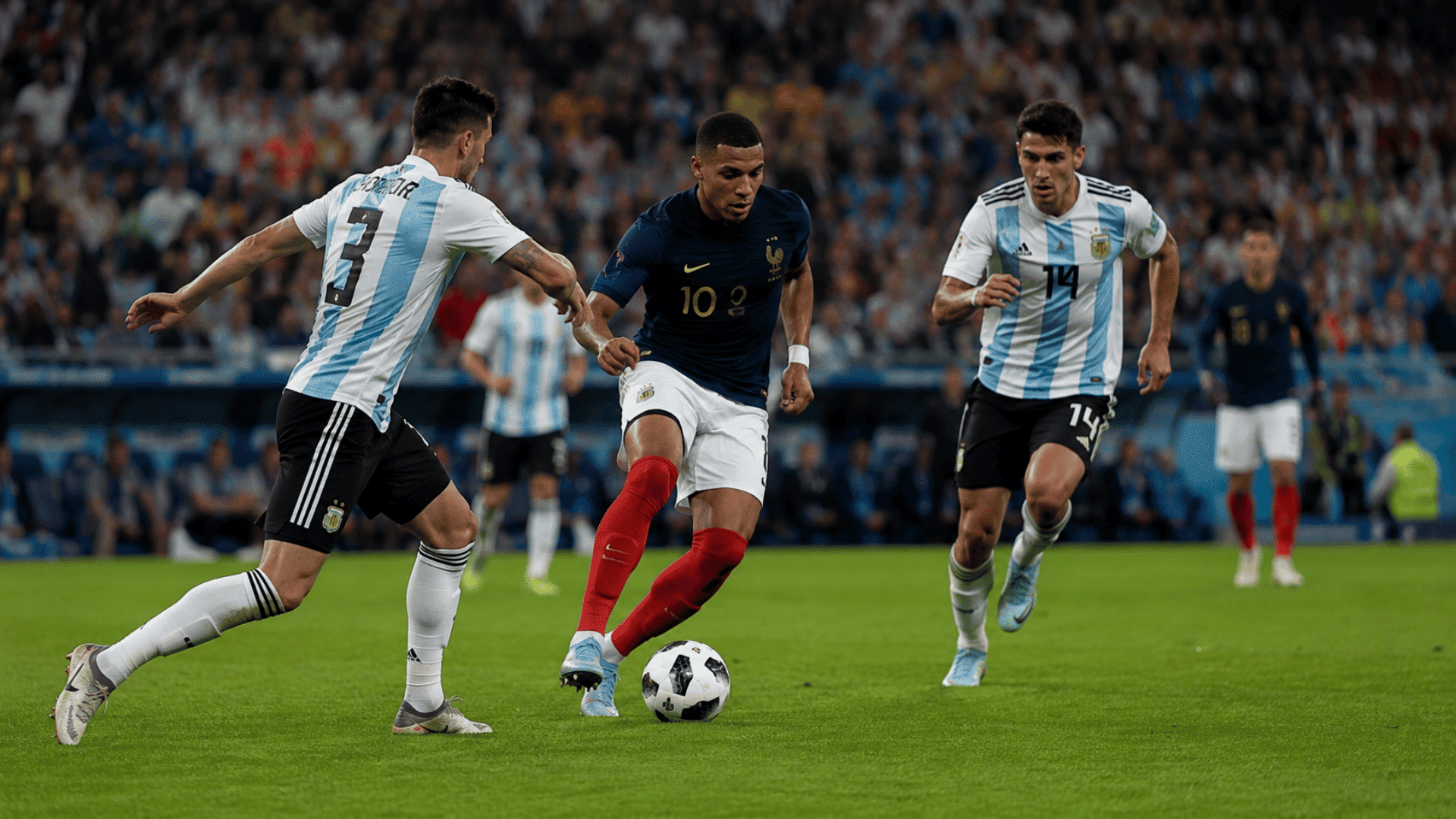 soccer player dribbling past defenders during an intense match inside a packed stadium under bright lights