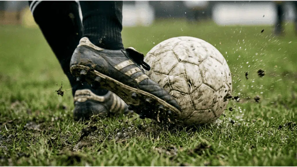 soccer player kicking a muddy ball on wet grass during an outdoor match with dirt flying through the air