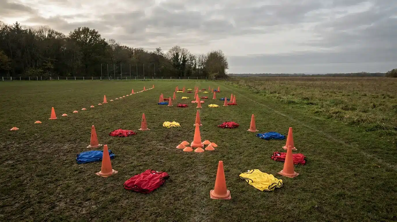 Orange cones and colored vests arranged on grass field under cloudy sky