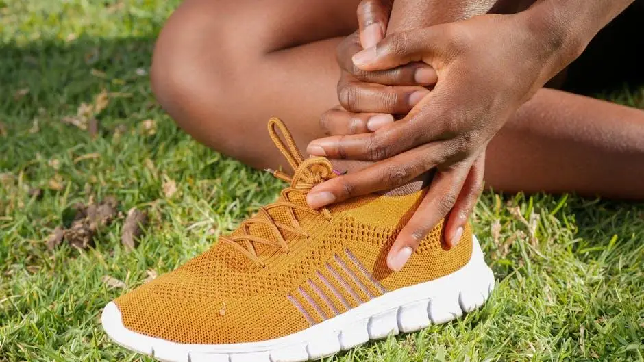 Person seated on grass holding ankle, wearing orange athletic shoe with white sole.