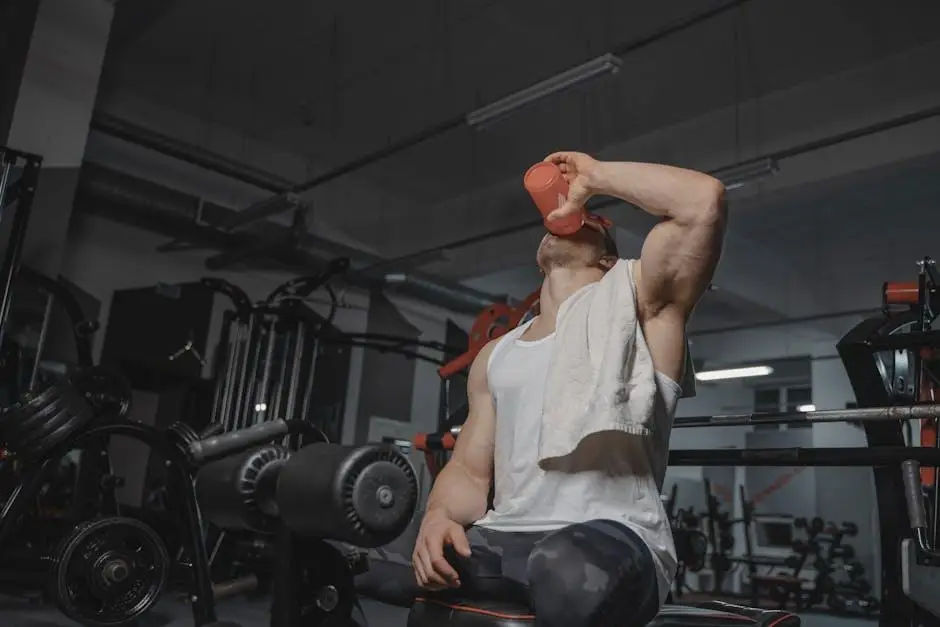 Man in gym drinking from red shaker bottle, with towel over shoulder, surrounded by equipment