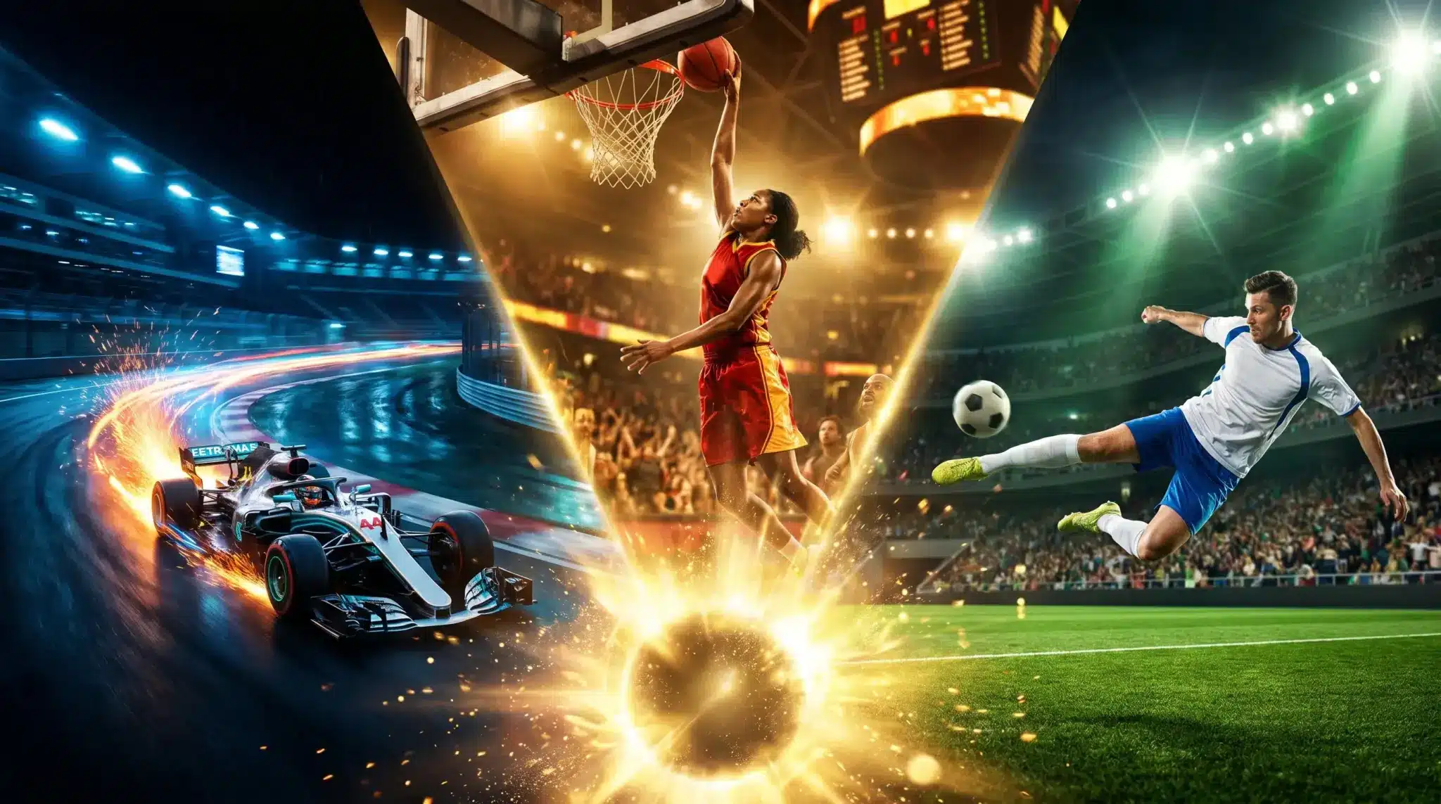 Formula 1 car racing on wet track, basketball player dunking, soccer player kicking ball in stadium